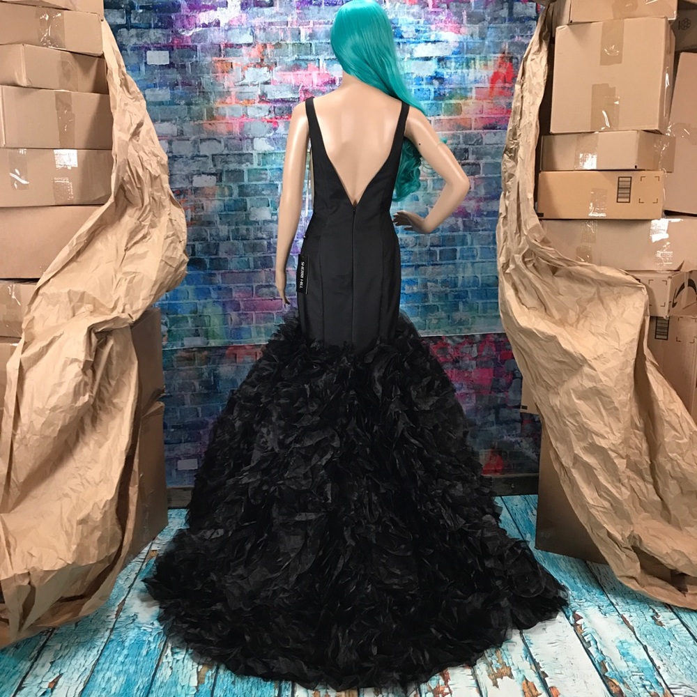 Sherri Hill Black Plunging V-Neck Mermaid Gown with Ruffled Skirt - Picture 10 of 11